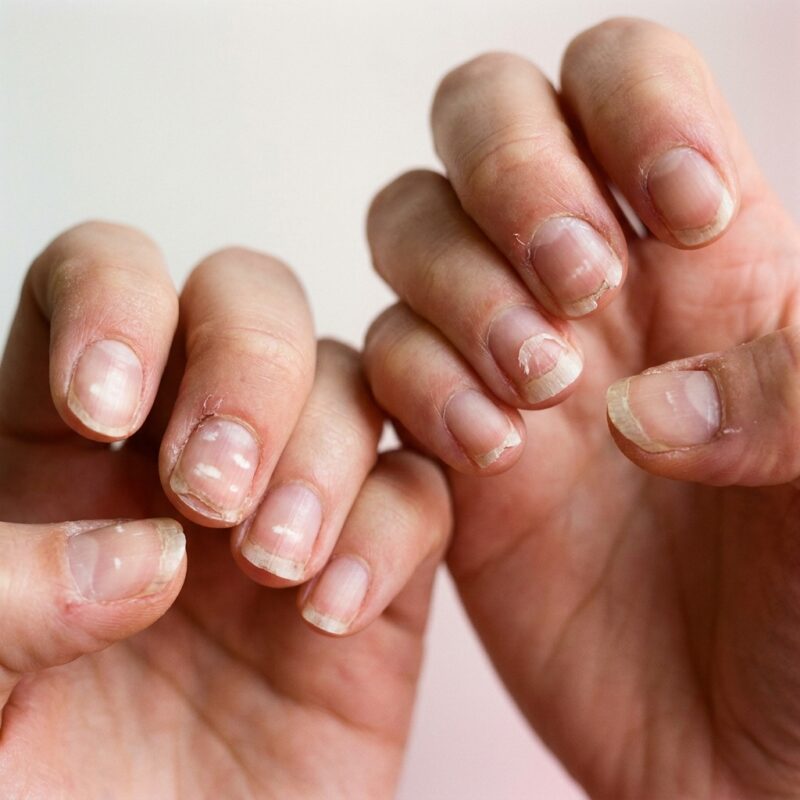 Beschadigde natuurlijke nagels met witte vlekken en afgebrokkelde randen